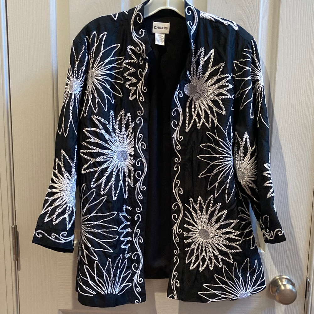 EUC Chico's Black Jacket with White Floral Design